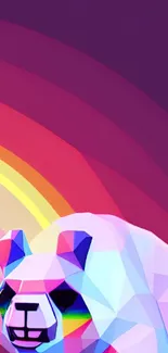 Geometric panda with vibrant rainbow colors on a purple background.