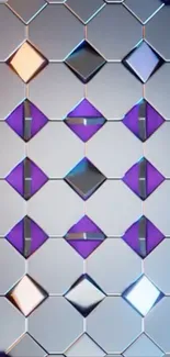 Geometric pattern wallpaper with silver and purple diamond shapes.