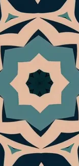 Geometric pattern wallpaper in blue and beige hues.