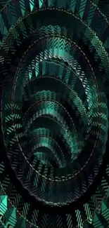 Abstract geometric spiral with teal and black patterns.