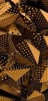 Abstract geometric wallpaper with golden polka-dotted shapes.