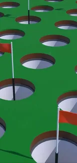 Geometric wallpaper with red flags scattered across a green surface.