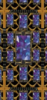 Geometric patterned wallpaper with vibrant gemstones.