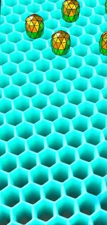 Vibrant geometric pattern with pineapples on cyan background.