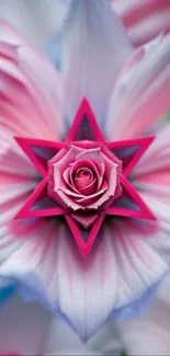 Pink geometric floral art with vibrant colors.