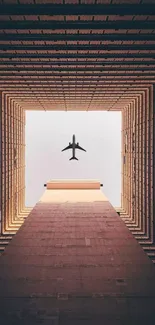 Airplane flying through geometric building frame.