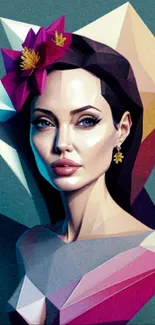 Geometric portrait of a woman with vibrant colors and artistic design.