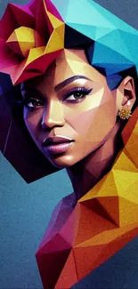 Geometric portrait art wallpaper with vibrant colors and polygonal design.