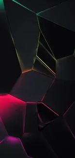 Dark geometric wallpaper with neon prism highlights.