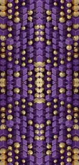 Geometric wallpaper with purple blocks and gold spheres.