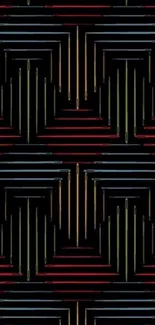 Geometric rainbow lines on black wallpaper.