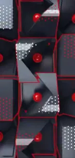 Geometric red and black wallpaper with dots and lines design.