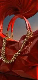 Red handbag with geometric pattern and gold chain in artistic style.
