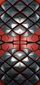 Intricate red and metallic geometric wallpaper pattern.
