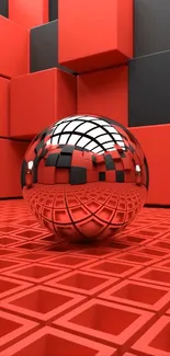 Red and black geometric wallpaper with reflective sphere.