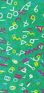 Green geometric retro wallpaper with colorful shapes.