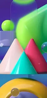 Vibrant 3D geometric shapes phone wallpaper with colorful spheres and pyramids.