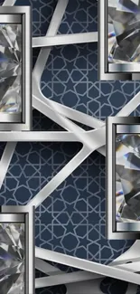 Geometric silver and blue pattern wallpaper with crystal elements.