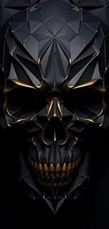 Geometric skull with golden accents on dark background.