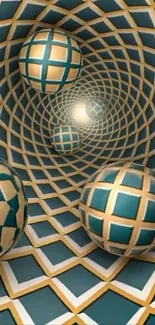 Geometric spheres creating a tunnel effect with teal accents.
