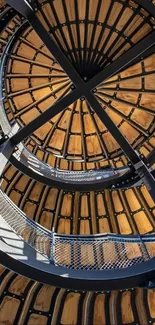 Mesmerizing geometric spiral structure with wood and metal elements.