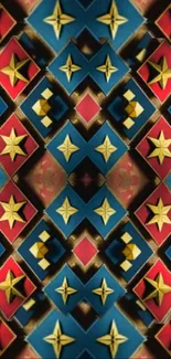 Geometric star pattern with blue, red, and gold colors.