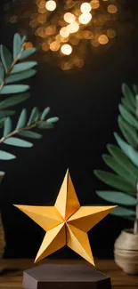 Geometric star with leafy backdrop and bokeh lighting.