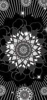 Intricate geometric starburst design in black and white for mobile wallpaper.