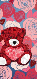 Geometric teddy bear with red roses on wallpaper.