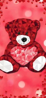 Geometric teddy bear on red background with hearts.