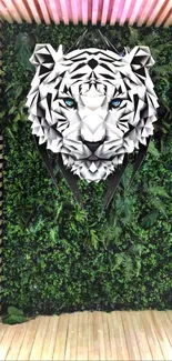 Geometric white tiger head on lush green background.