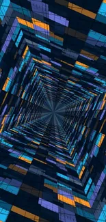 Dynamic geometric tunnel wallpaper in blue and orange hues.