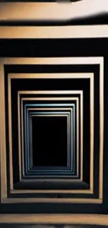 Geometric tunnel wallpaper with bold, concentric black and beige frames.