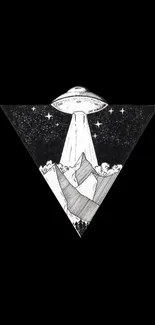 Geometric UFO artwork with mountains and stars on a black background.