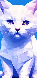 Geometric style white cat on a blue background wallpaper.