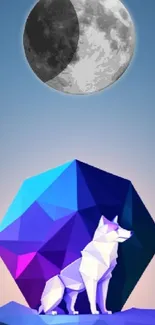 Geometric wolf and moon under a vibrant night sky in shades of blue and purple.