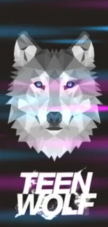 Geometric wolf art wallpaper with vibrant colors and Teen Wolf text.