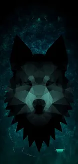 Abstract geometric wolf on dark teal background.