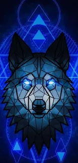 Geometric wolf with blue glow on abstract background.