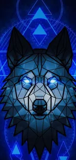 Geometric wolf with neon blue glow and abstract background design.