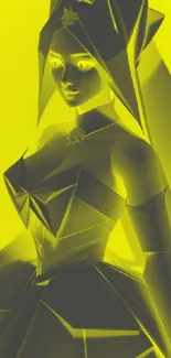 Geometric art-style figure in vibrant yellow hues.