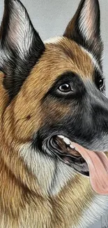 Illustrated portrait of a German Shepherd dog with gray background.