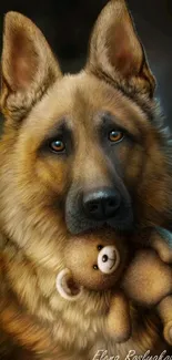 Lifelike German Shepherd with teddy bear art.