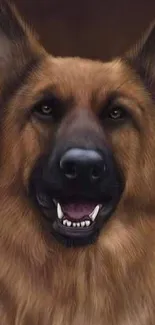 German Shepherd portrait with deep brown background.