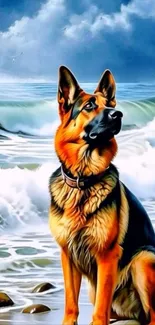 German Shepherd dog sitting by the beach with waves.