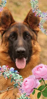 German Shepherd with floral accents wallpaper