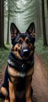 German Shepherd sits on forest trail, surrounded by trees.