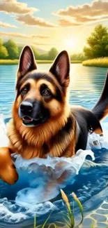 German Shepherd splashing in a lake during sunrise with vibrant nature scene.
