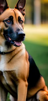 German Shepherd sitting in sunlit grass, showcasing its alert expression.