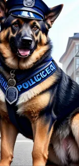 German Shepherd police dog sitting in cityscape background.